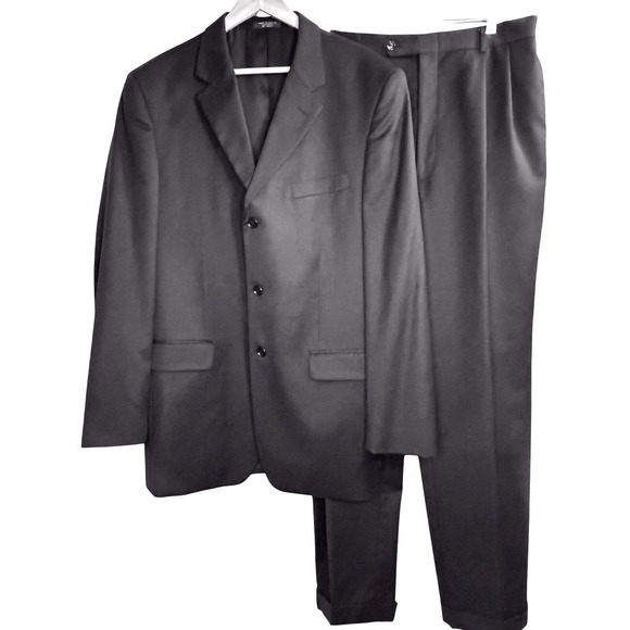 Jones New York Suit Men 44L Black Solid Single Breasted 100%  Wool 36X31 cuffed - Picture 4 of 15